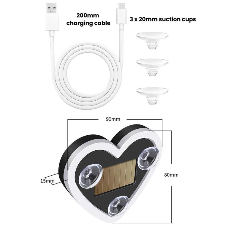 Heart-shaped solar car ambient light with suction cups and USB charging cable