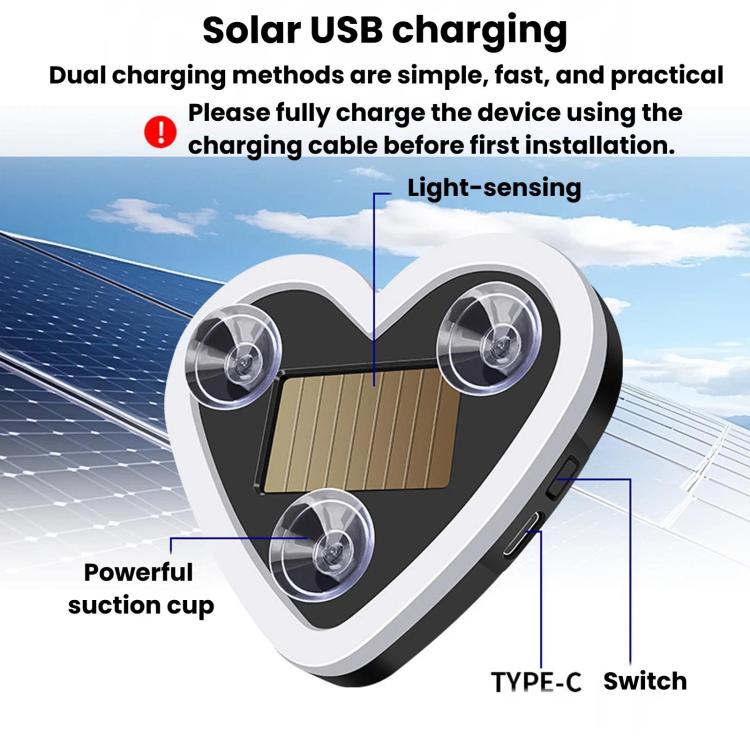 Heart-shaped solar car ambient light with suction cup base and Type-C switch