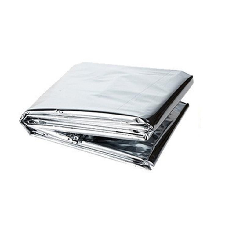 Folded silver emergency thermal blanket, compact rectangular bundle