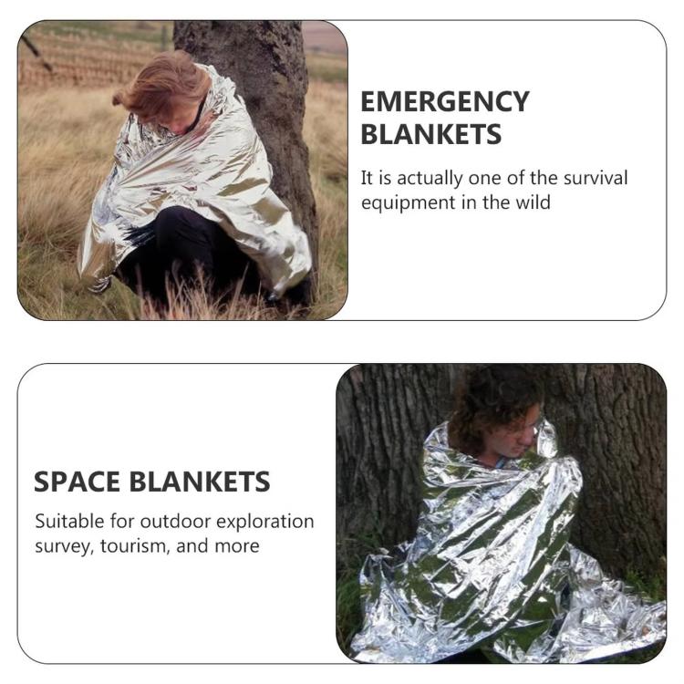 Silver emergency blanket shown in an infographic with a person wrapped