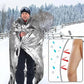Silver emergency thermal blanket worn outdoors, reflective insulation wrap
