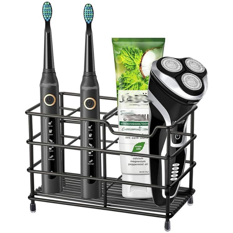 Black wrought iron toothbrush and razor storage rack with four slots and open center