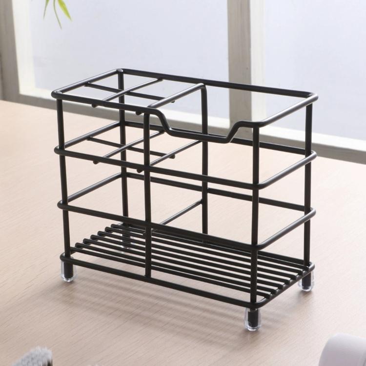 Black square toothbrush holder rack with open shelves and ribbed base