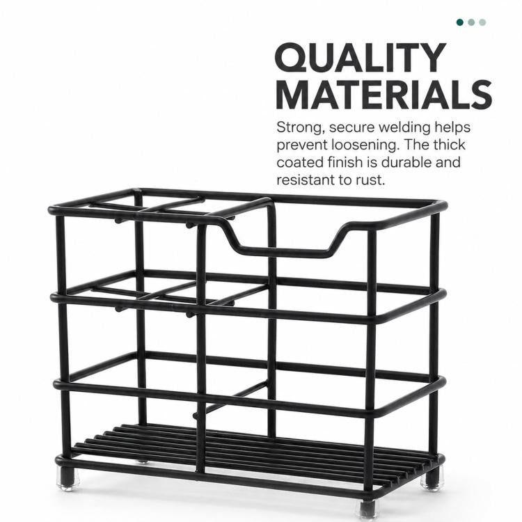 Black toothbrush storage rack with wide top tray and ribbed lower shelf
