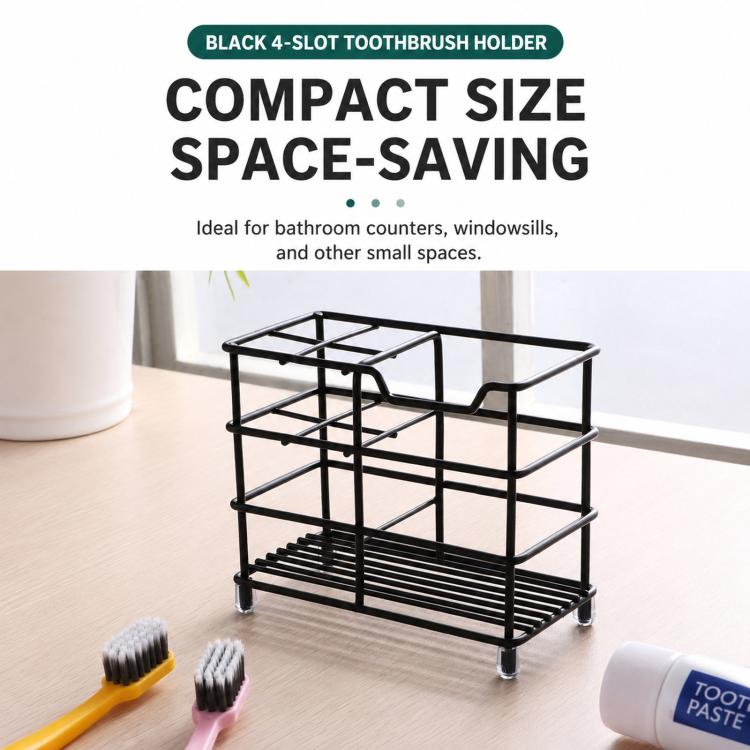 Black compact 4-slot toothbrush holder rack with ribbed drip tray