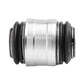 Rear steering knuckle bushing, side view, silver metal sleeve with black rubber edges