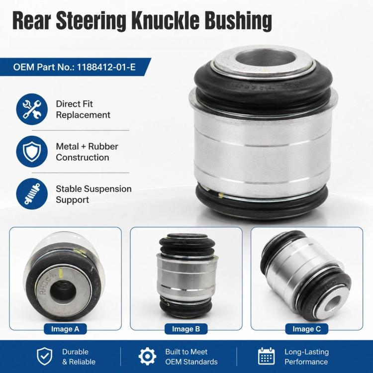 Rear steering knuckle bushing with black rubber boots and silver metal body