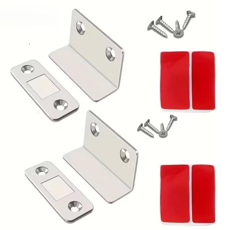 Set of two L-shaped magnetic door stoppers with screws and red adhesive pads
