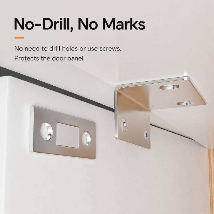 Silver magnetic door stopper pair mounted on door and cabinet edge