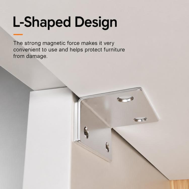 L-shaped magnetic door stopper with two silver plates and circular holes
