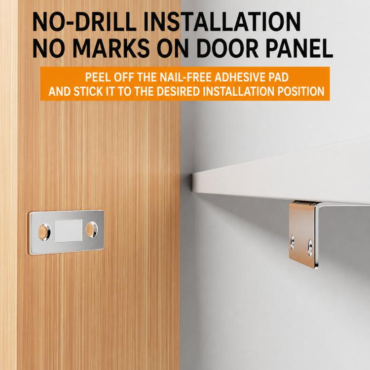Magnetic door stopper kit with silver plates and adhesive pad for no-drill mounting