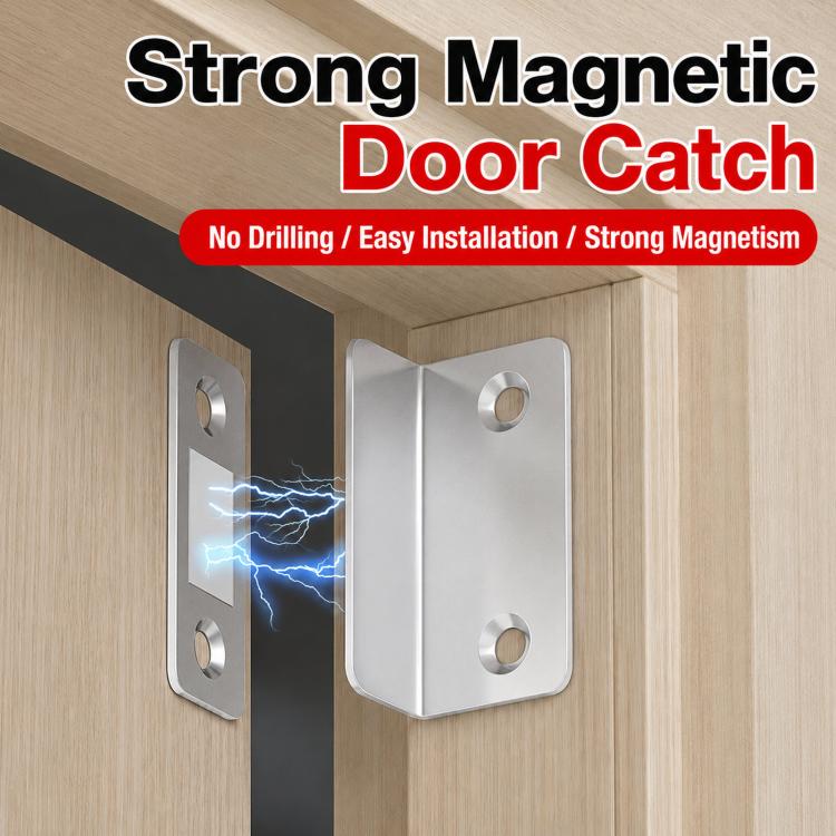 Stainless magnetic door catch with two silver L-shaped plates on door edge