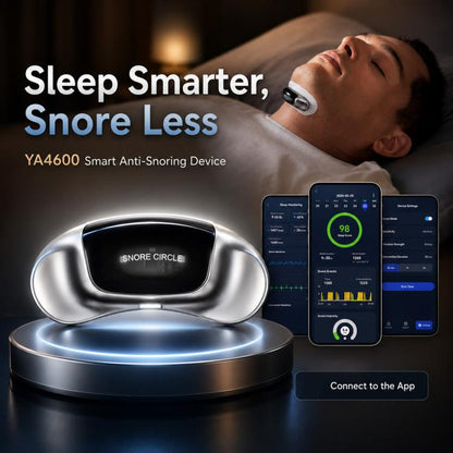 Smart anti-snoring device on charging base, with phone app display shown