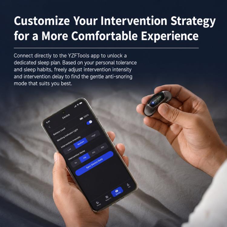 Hands holding smart anti-snoring device controller and companion smartphone app