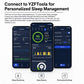 Smartphone app screens for sleep monitoring, reports, and personalized settings