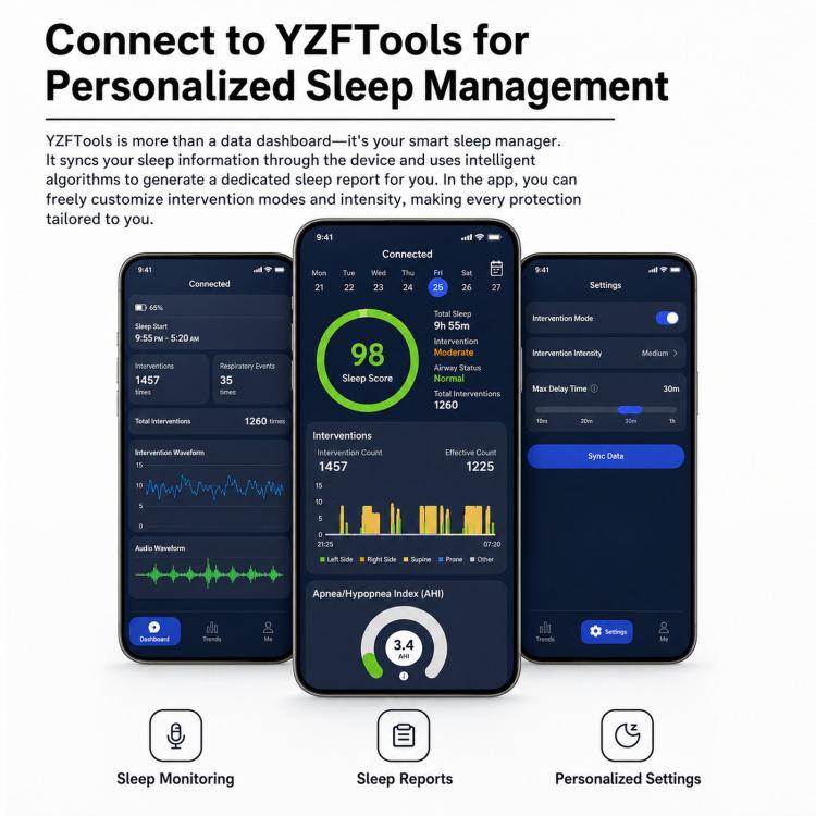 Smartphone app screens for sleep monitoring, reports, and personalized settings