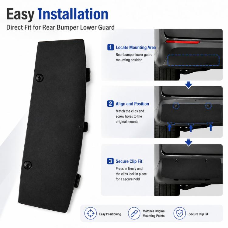 Black rear bumper lower guard cover with side mounting tabs and screw holes