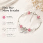 Pink bead bracelet with star and moon charms, clear crystal-like beads, silver chain