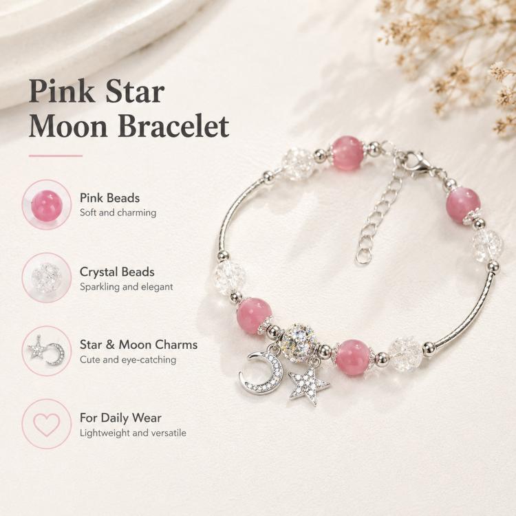 Pink bead bracelet with star and moon charms, clear crystal-like beads, silver chain