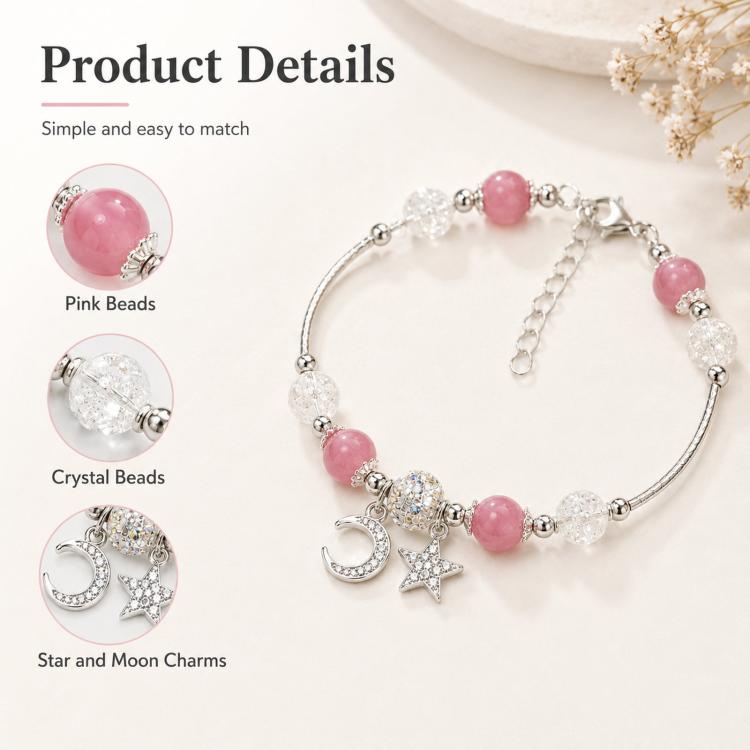 Charm bracelet with pink beads, silver links, crescent moon and star dangles, clear stones
