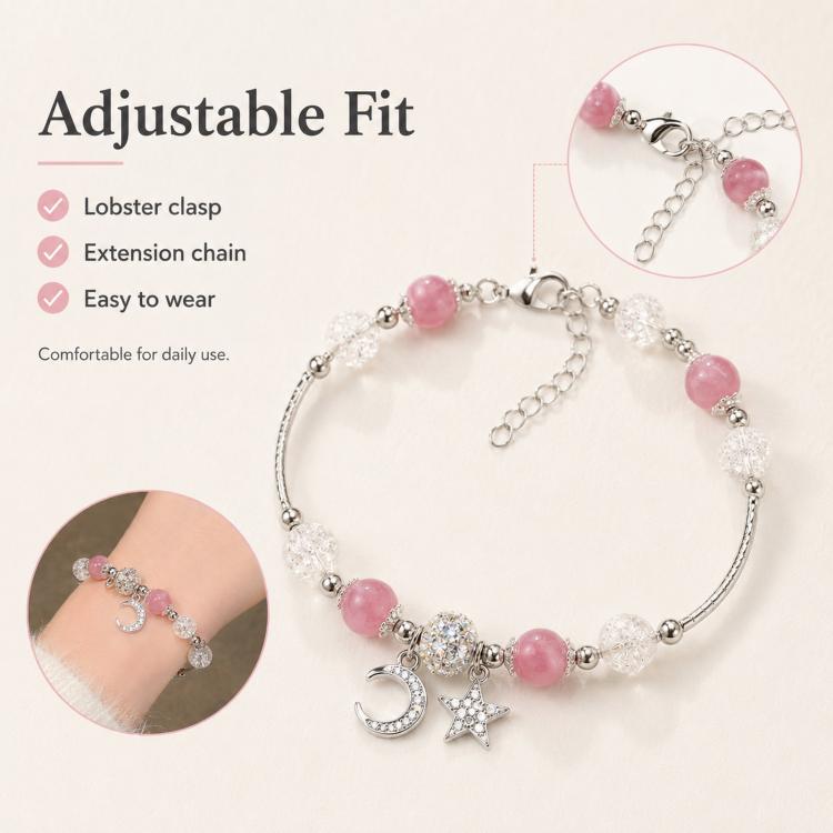 Adjustable pink bead bracelet with lobster clasp, extension chain, star and crescent moon charms