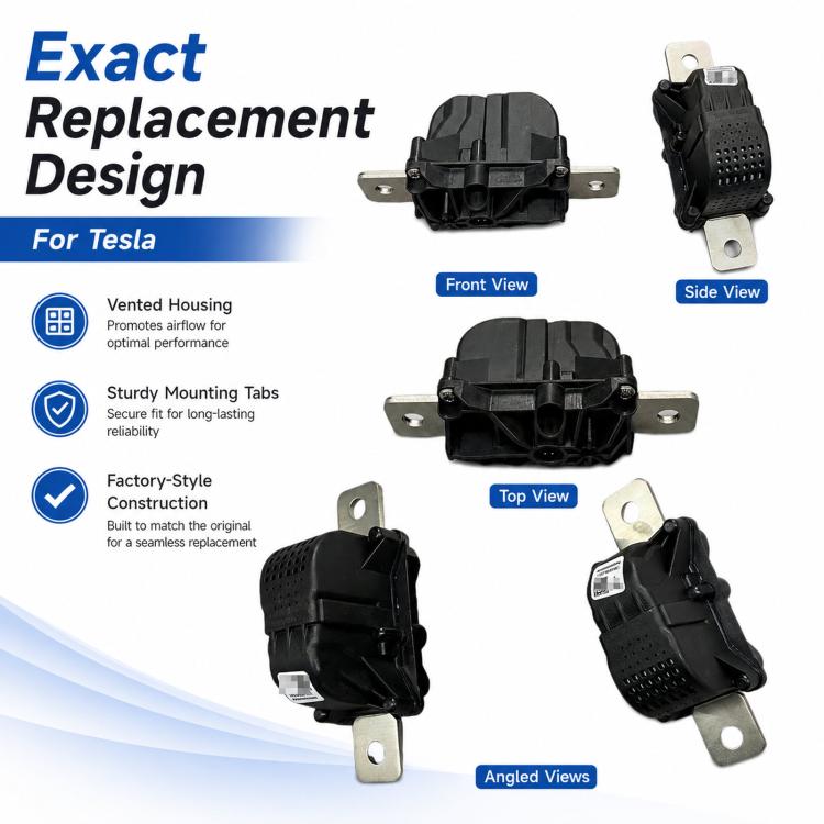 Black battery resistor protector fuse with vented design and multiple metal mounting views