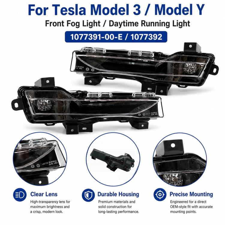 Front fog light assemblies with clear lenses, durable black housing, and mounting tabs