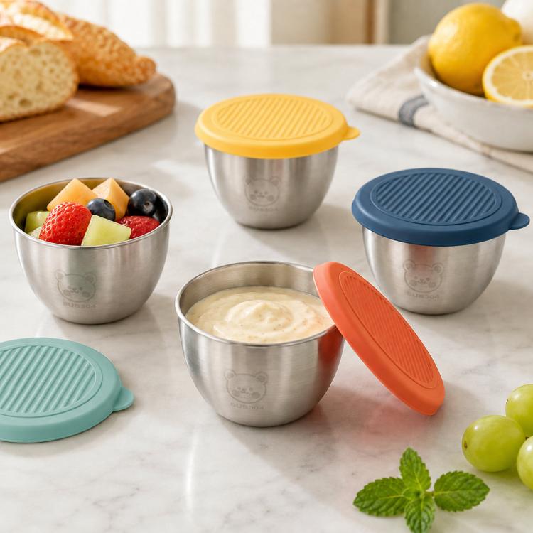 Mini stainless steel seasoning cups with silicone lids, multiple colors