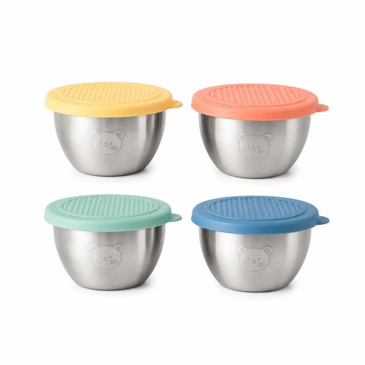 Set of 4 mini stainless steel sauce cups with colorful snap-on lids