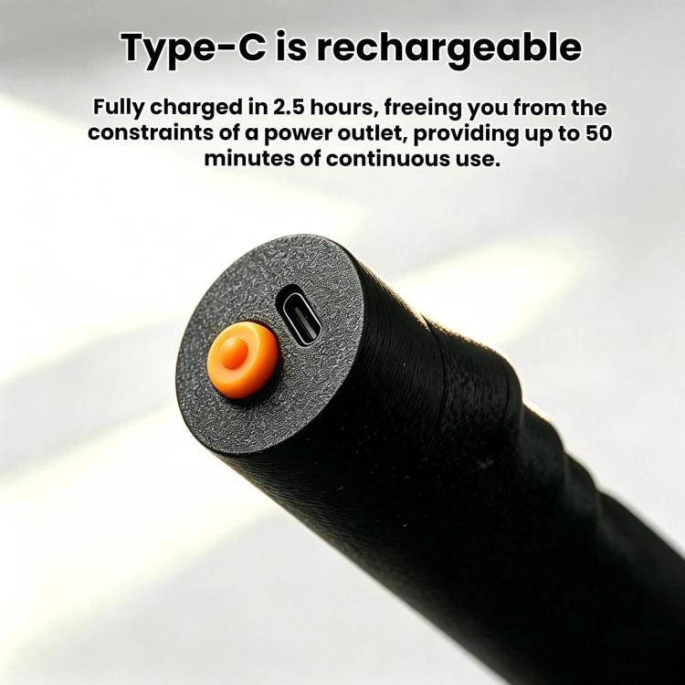 Black silicone LED light tube end with Type-C port and orange button