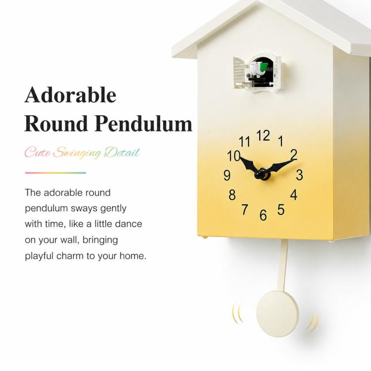 House-shaped wall clock with yellow gradient face, black hands, and round pendulum