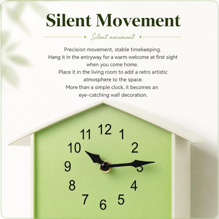 House-shaped wall clock face in light green with black hands and bird chime window
