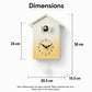 House-shaped wall clock with pendulum ball and bird chime window shown with size lines