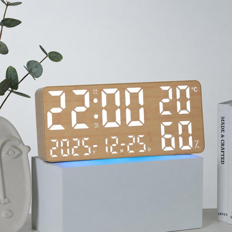 Woodgrain digital wall clock with large white LED time, temperature, and humidity display.