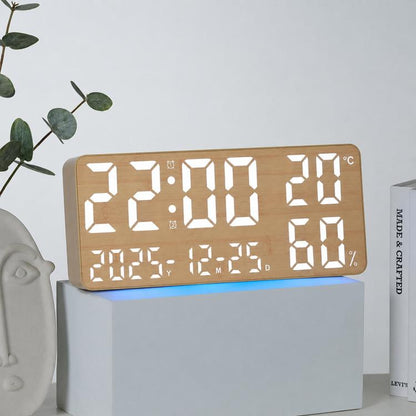 Woodgrain digital wall clock with large white LED time, temperature, and humidity display.