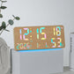 Woodgrain digital wall clock with multi-color LED time, temperature, and humidity display.