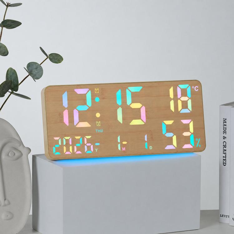 Woodgrain digital wall clock with multi-color LED time, temperature, and humidity display.