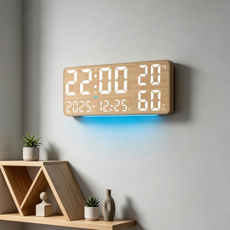 Wall-mounted woodgrain digital clock with large white LED time, temperature, and humidity readouts.