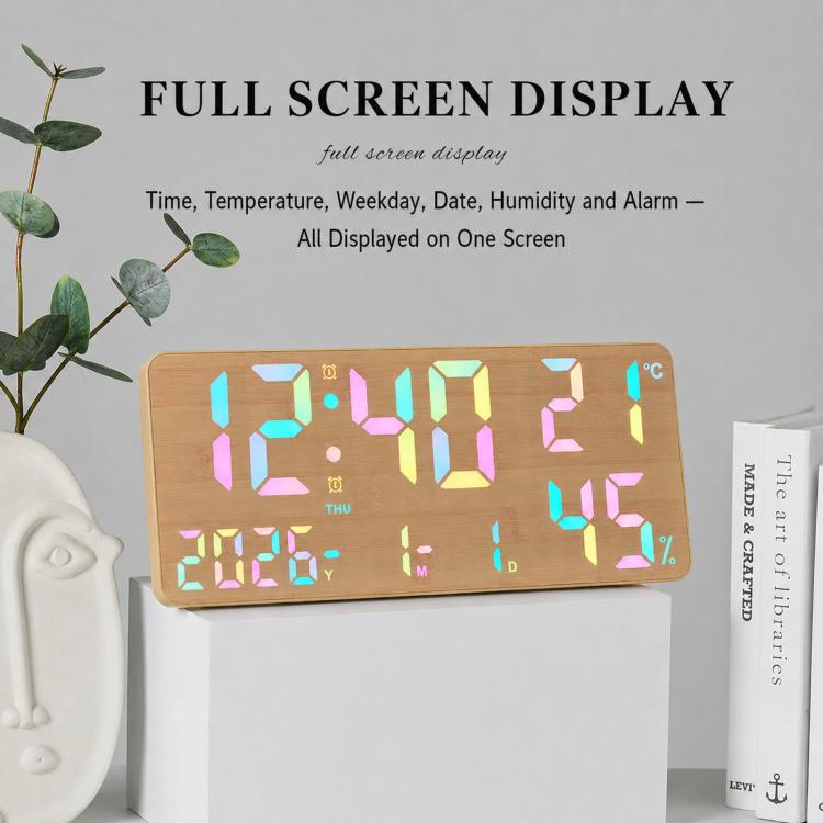 Woodgrain digital wall clock showing multi-color LED time, temperature, and humidity readouts.