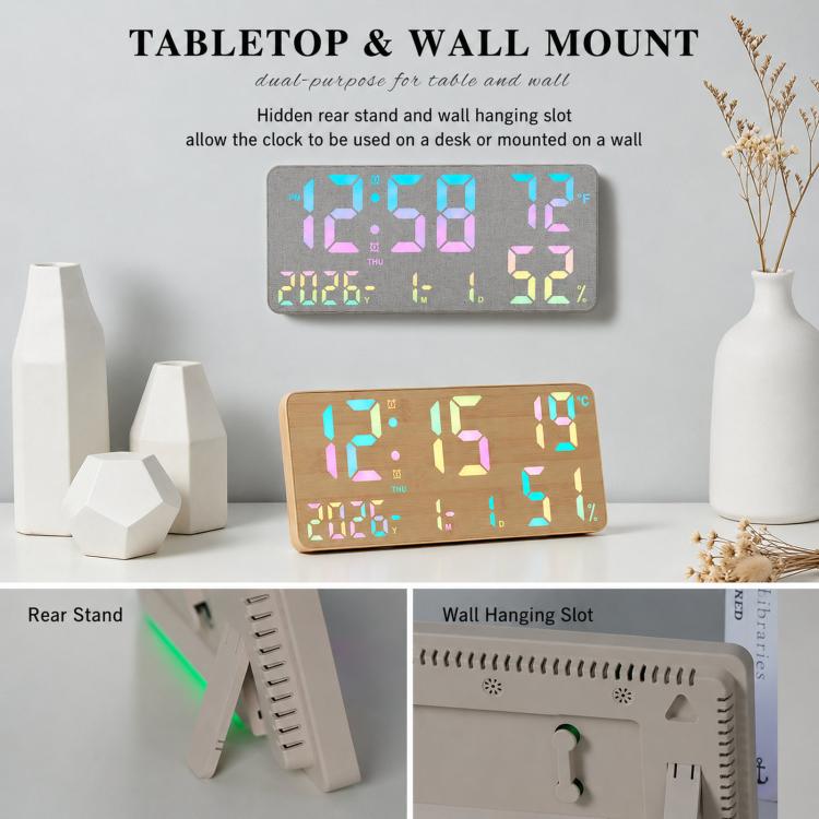 Tabletop and wall-mount digital clock with RGB LED time, temperature, and humidity display.