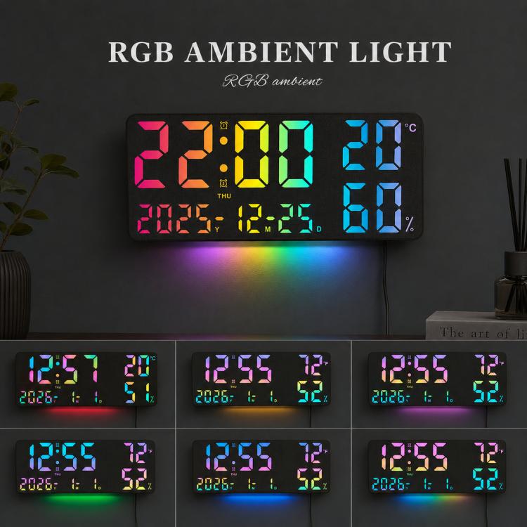 Digital wall clock with RGB ambient light and multi-color LED time, temperature, and humidity.