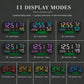 Digital wall clock shown in multiple RGB display modes for time, temperature, and humidity.