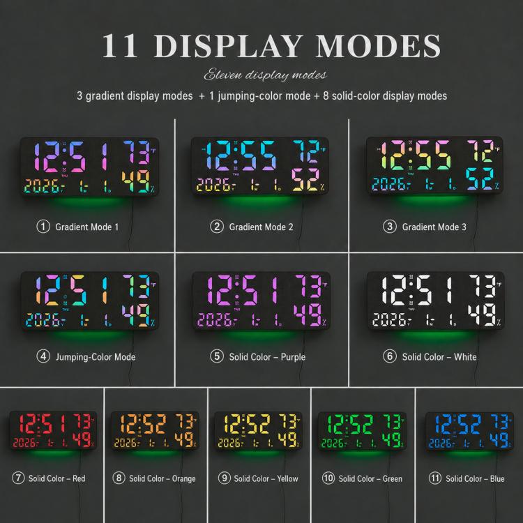 Digital wall clock shown in multiple RGB display modes for time, temperature, and humidity.