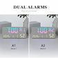 Digital wall clock display set for dual alarms with time, temperature, and humidity readouts.