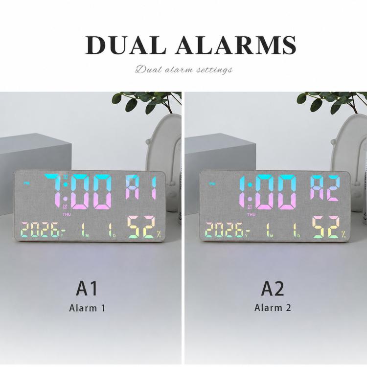 Digital wall clock display set for dual alarms with time, temperature, and humidity readouts.