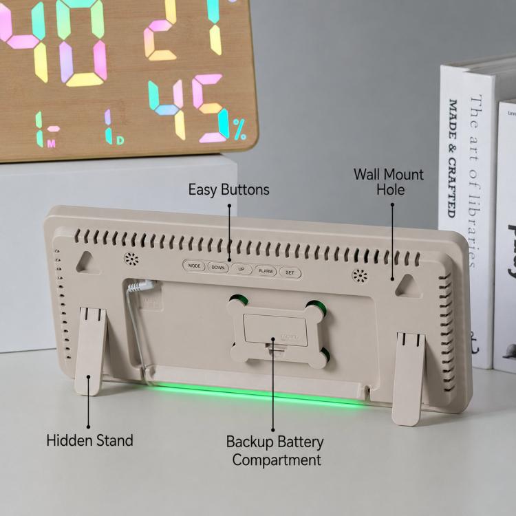 White digital wall clock back panel with wall-mount hole, stand, and battery compartment