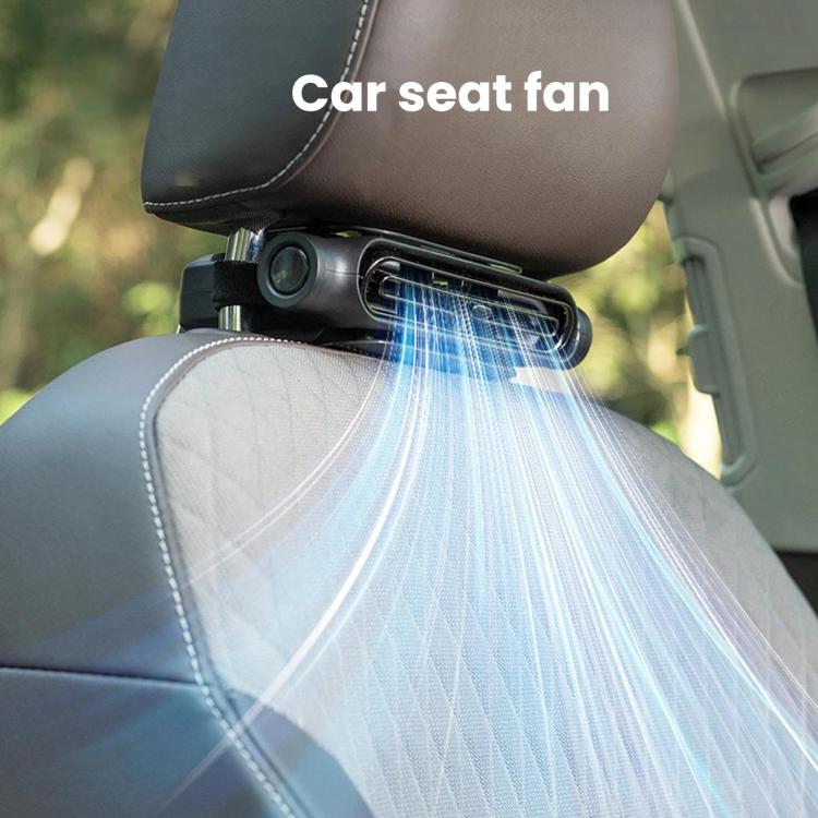 Black USB car seat cooling fan attached to headrest, airflow streaming forward