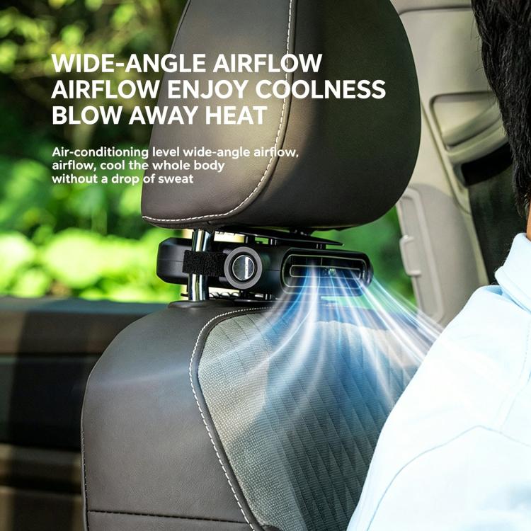 Black USB car seat fan mounted on seat headrest, wide airflow cooling stream