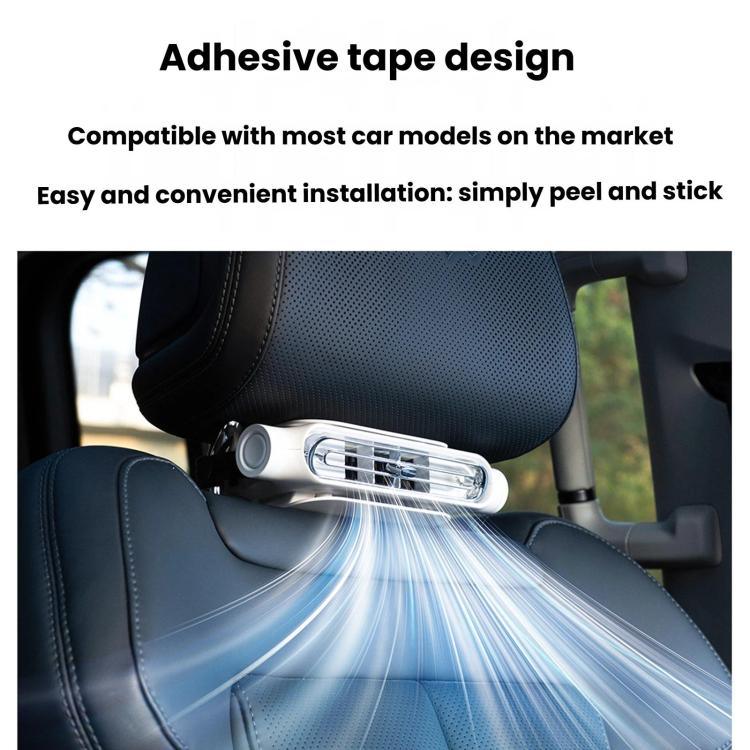 Black USB car seat cooling fan with adhesive-style mount, airflow blowing