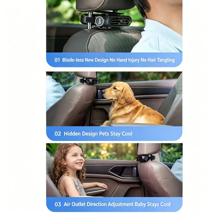 Black USB car seat fan mounted behind headrest, with airflow cooling stream
